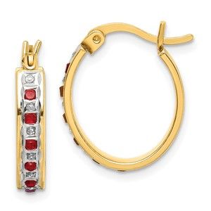 Sterling Silver 18K Gold-plated Diamond & Red Ruby Oval Hoop Earrings